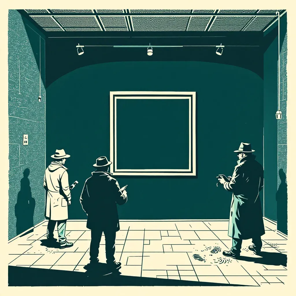 A dimly lit gallery with an empty frame on the wall, a symbolic representation of art theft, alongside detectives examining security camera footage and dusting for fingerprints to solve the complex mystery.