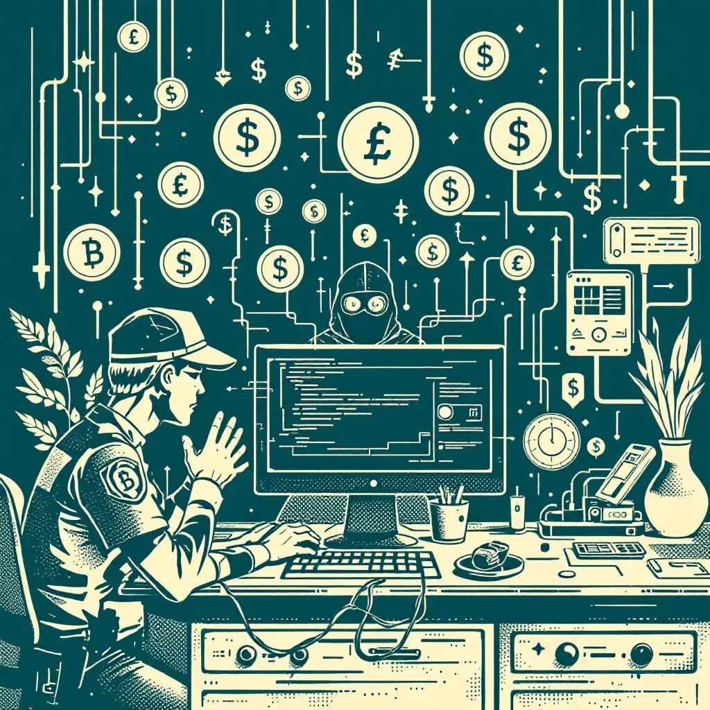 Scene depicting a cybercriminal behind a computer screen with cryptocurrency symbols floating overhead, representing digital currency. Another side shows police using digital forensic tools, highlighting a complex digital investigation into financial crimes.