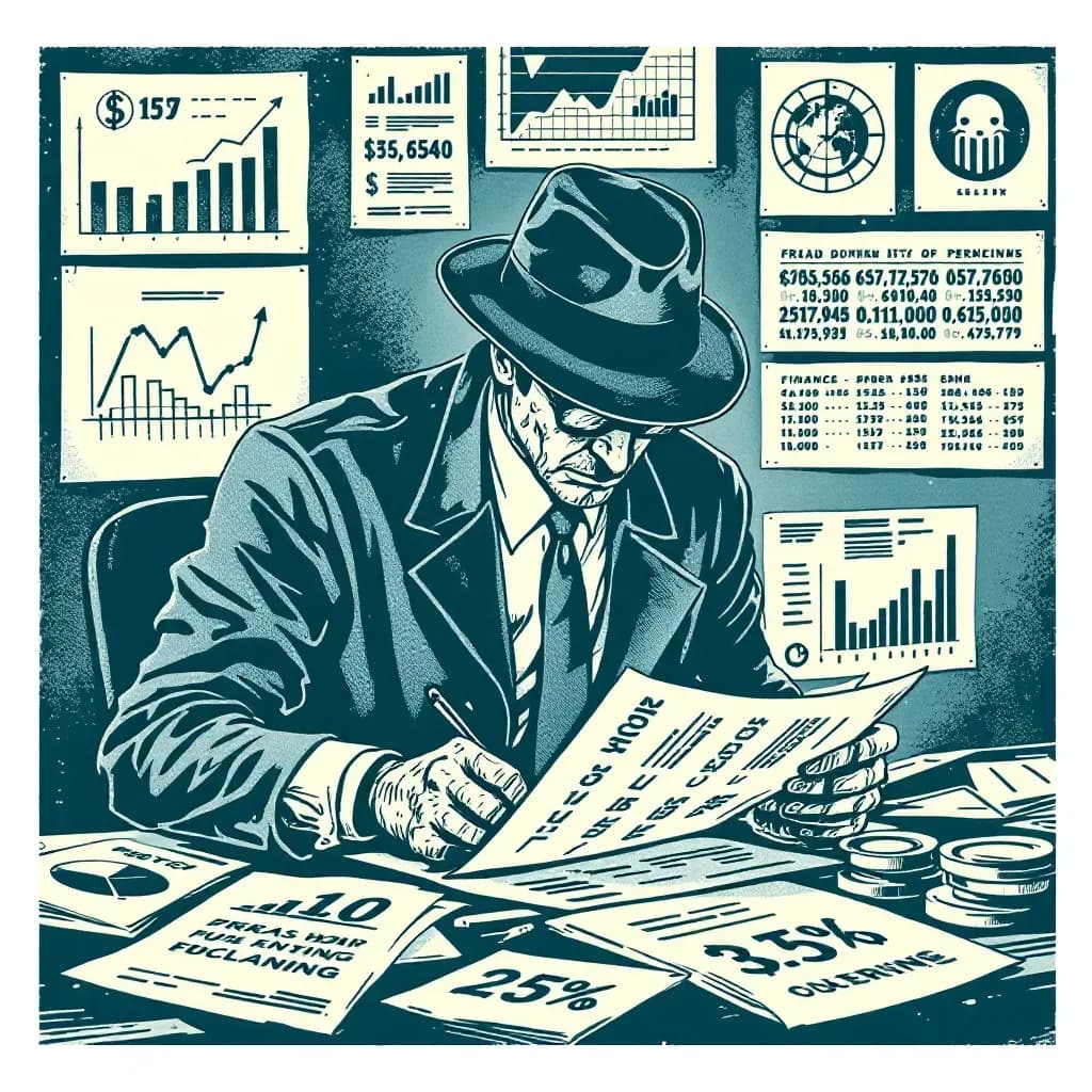 A detective examining financial documents and computer screens filled with numbers and graphs, symbolic evidence of fraud and money laundering.
