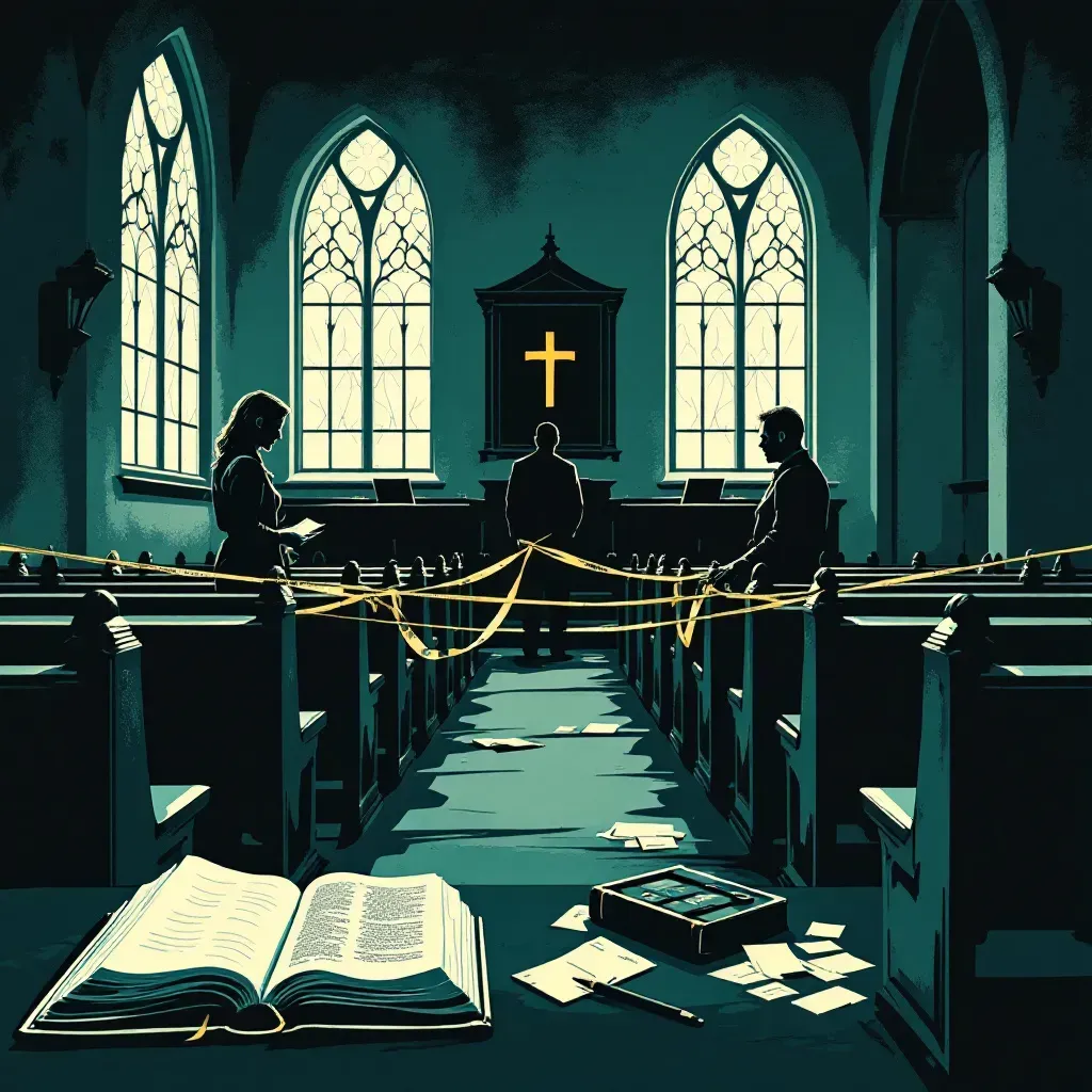A somber church interior with pews and stained glass windows, police tape strung across the aisle, investigators examining evidence, a half-open Bible, and a shadowy figure in the background.