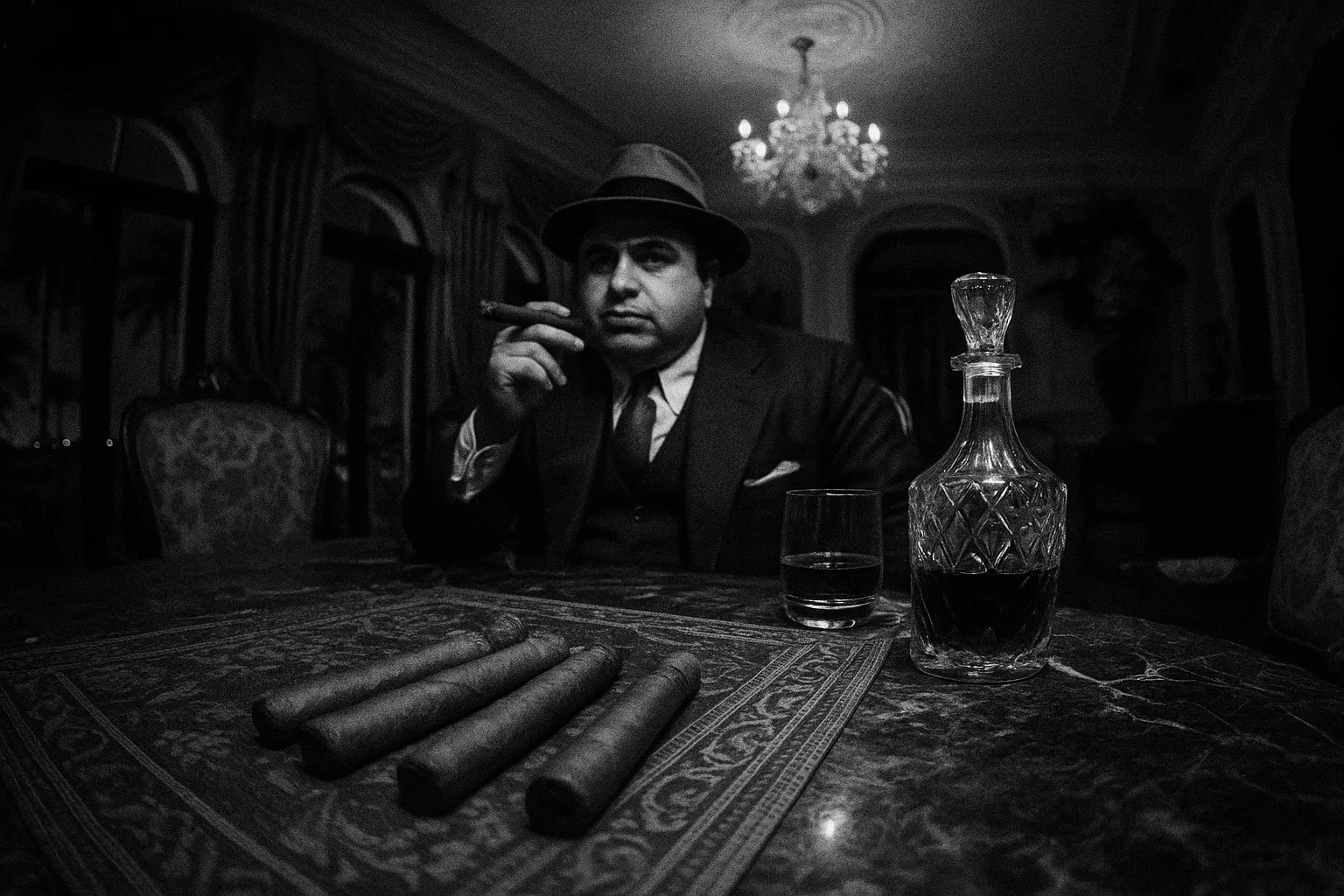 En skikkelse, der ligner Al Capone, sidder ved et overdådigt spisebord i en Palm Island palæ, omgivet af luksus—fine cigarer, en krystal karaffel og et halvt fyldt glas, som symboliserer hans forbrydelsesimperiums storhedstid.