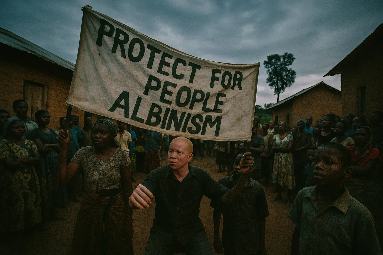 En protestscene i en østafrikansk landsby, med et banner holdt af aktivister, der går ind for beskyttelse af mennesker med albinisme, omgivet af samfundsmedlemmer, der lytter intenst.