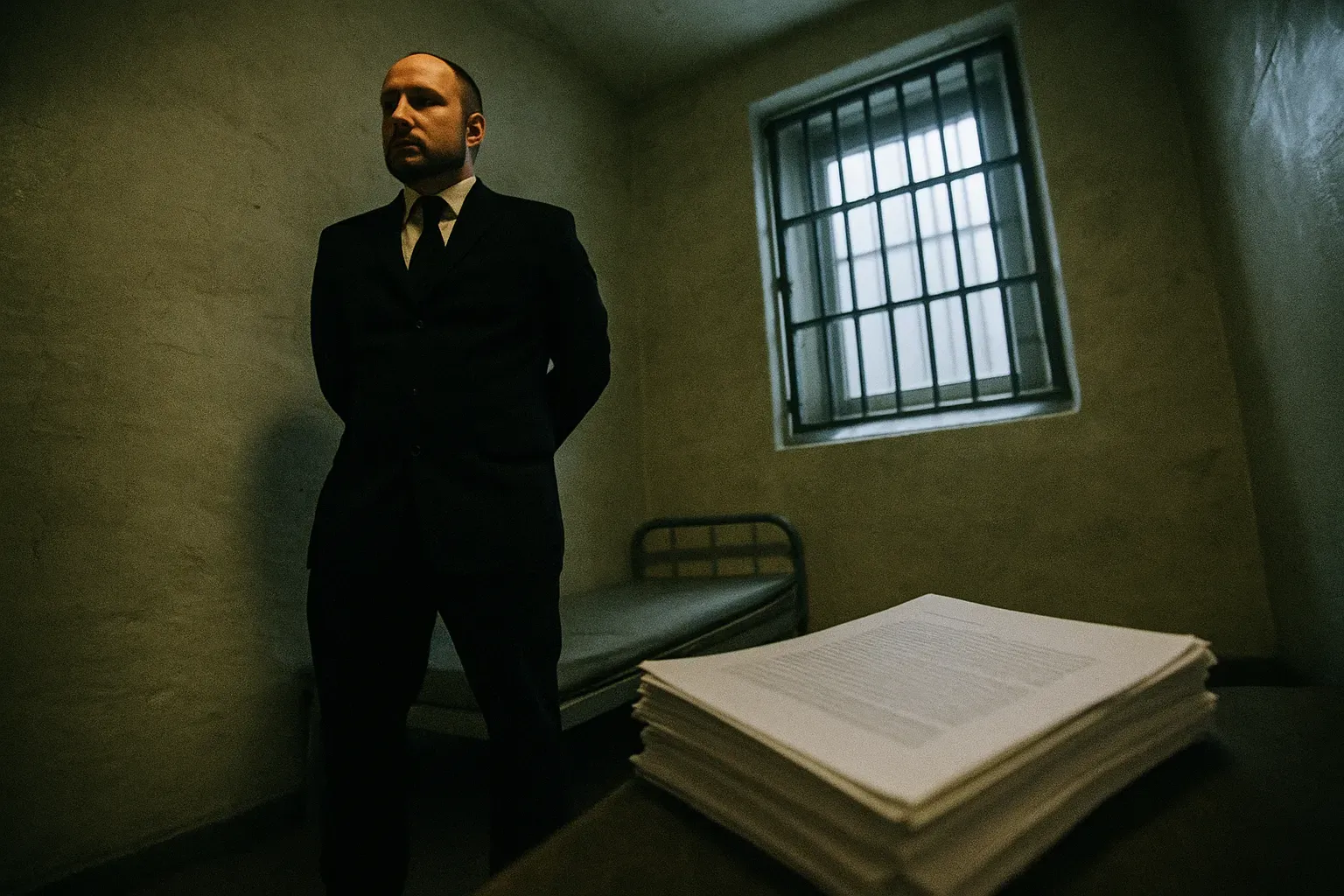 En figur, der ligner Anders Behring Breivik, står i en spartansk fængselscelle, hvor et vindue med tremmer kaster skygger. Nær ved ligger en stak papirer, der er printet fra hans splittende manifest, der fremhæver en arv af ekstremisme og vold.