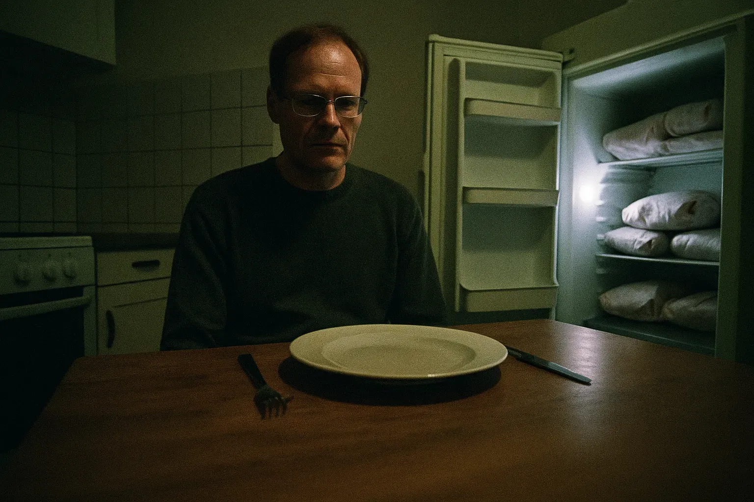 En person, der ligner Armin Meiwes, sidder alene ved et køkkenbord, en tom tallerken og bestik foran sig, døren til fryseren står lidt åben og afslører pakker pakket ind i slagterpapir.