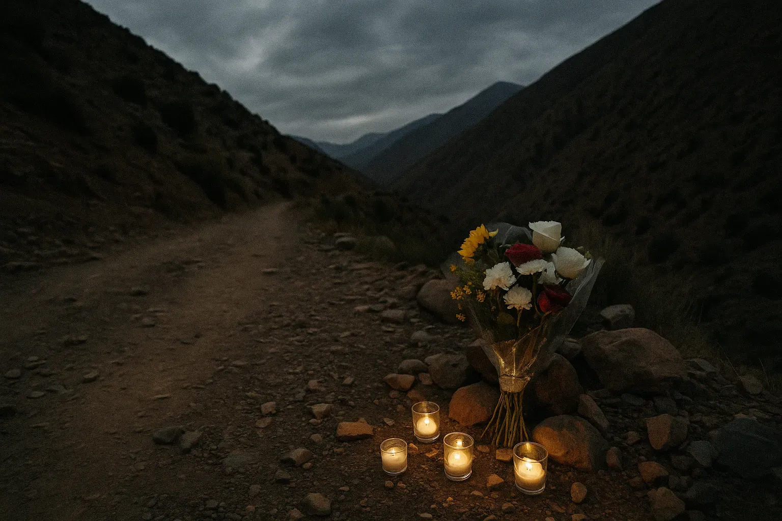 En øde vandresti i Atlasbjergene med et sørgmodigt mindesmærke af blomster og stearinlys placeret på den stenede jord til ære for Louisa og Maren midt i det naturlige landskab.