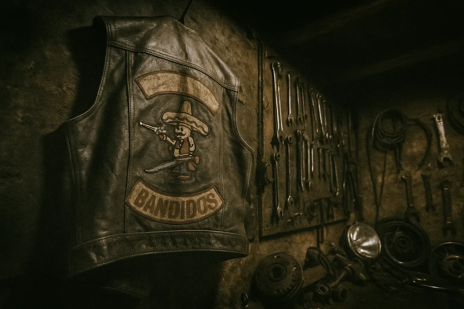 En vejrslidt biker-vest med en fremtrædende Bandidos MC-patch hænger på en rusten søm i en svagt oplyst garage, omgivet af værktøj og reservedele til motorcykler.
