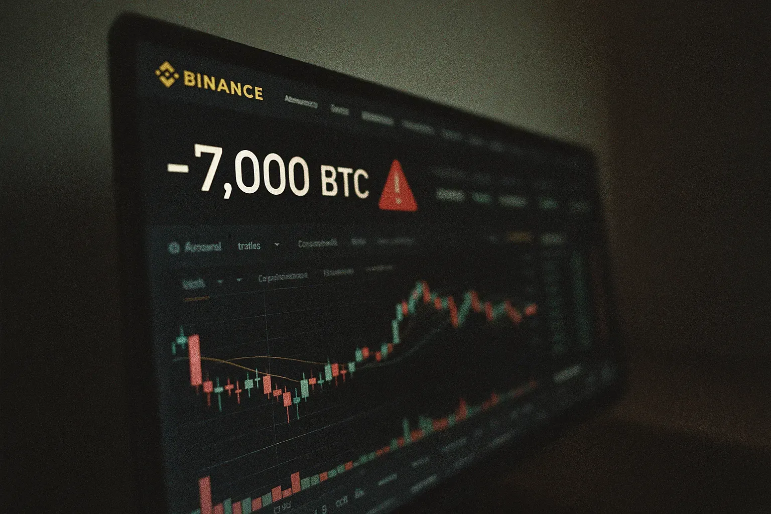 En computerskærm viser Binances kryptovalutadashboard, en rød advarselsmeddelelse blinker ved siden af saldoen og viser en manglende mængde på 7.000 bitcoin, hvilket symboliserer det massive cyberangreb, der rystede børsen.