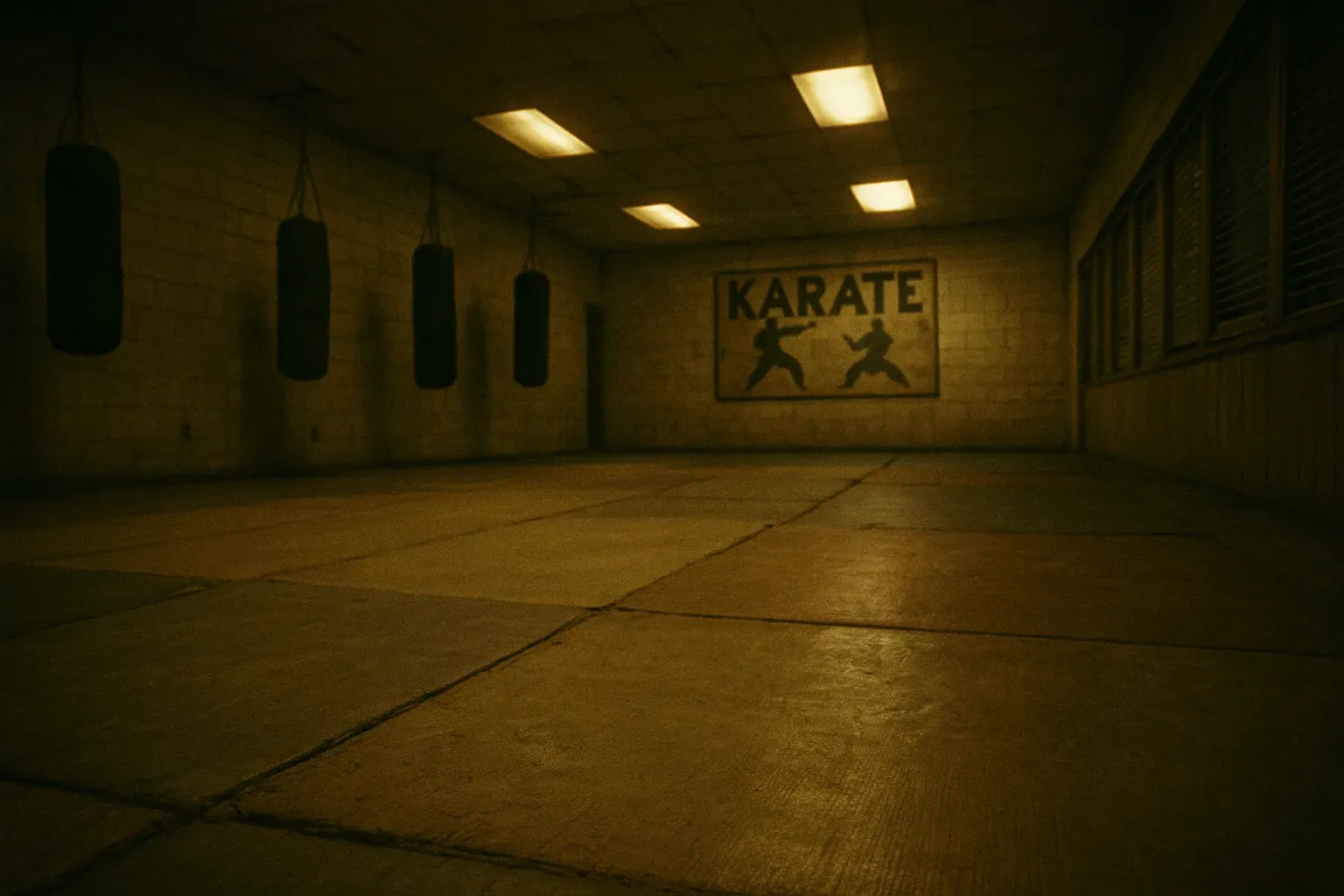 Et støvet karate-studie i 1970'ernes Utah, slidte måtter og et træskilt for kampsportsklasser antyder kultens økonomiske fundament under Immanuel Davids indflydelse.