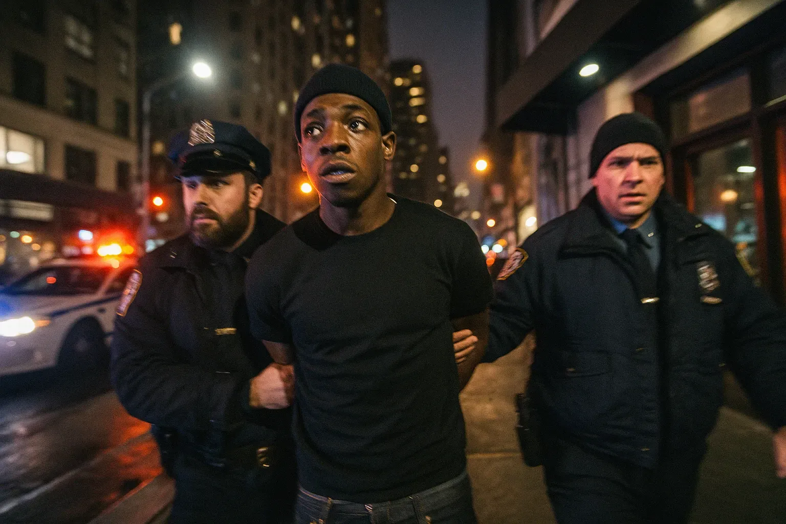 En person, der ligner Bobby Shmurda i håndjern, bliver ført væk af politiet uden for Quad Recording Studios i Manhattan på en kold decembernat, omgivet af blinkende lys og travle bygader.