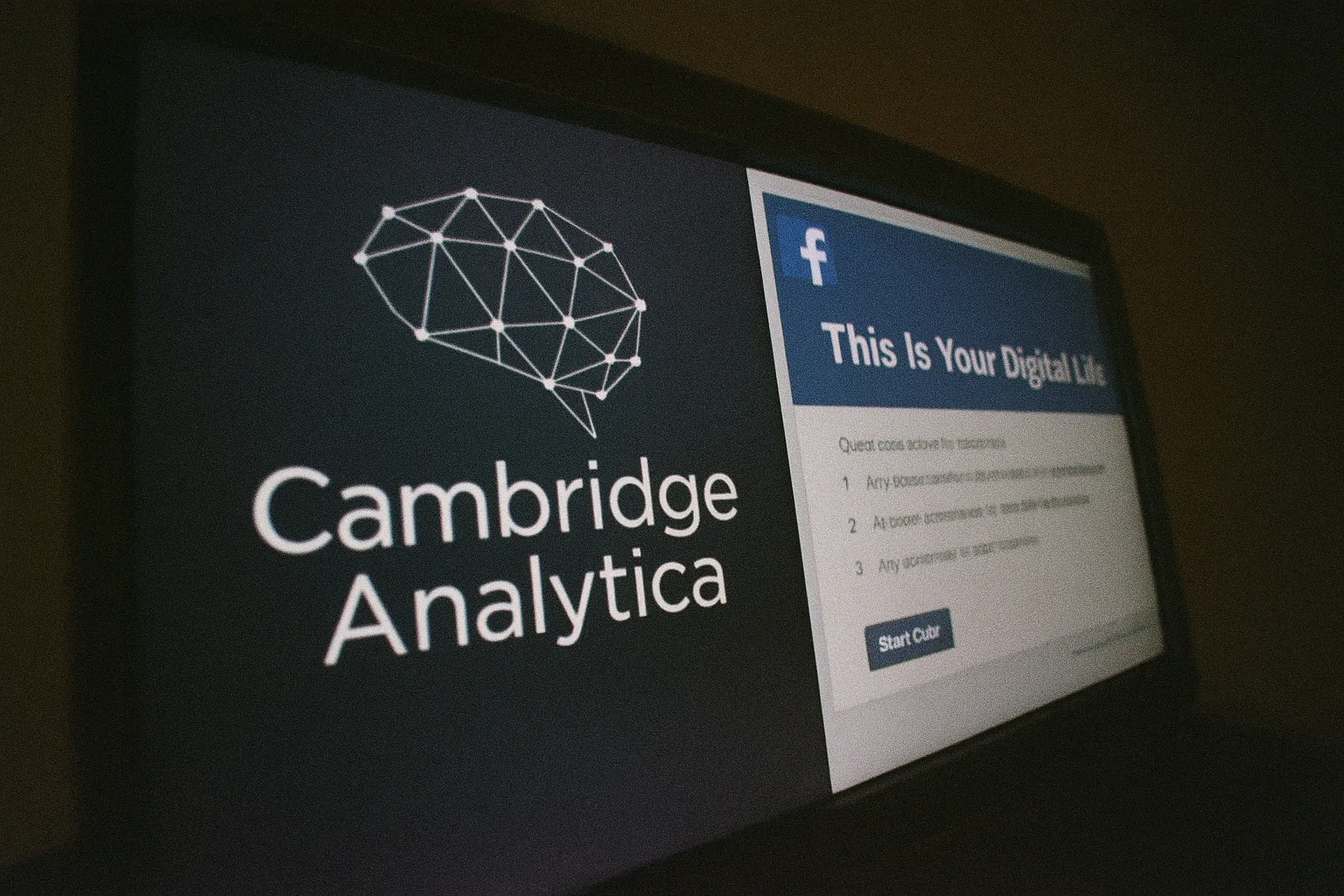 En computerskærm viser Cambridge Analytica-logoet sammen med en Facebook-quizgrænseflade med navnet 'This Is Your Digital Life', hvilket symboliserer datasagen, der påvirkede millioner.