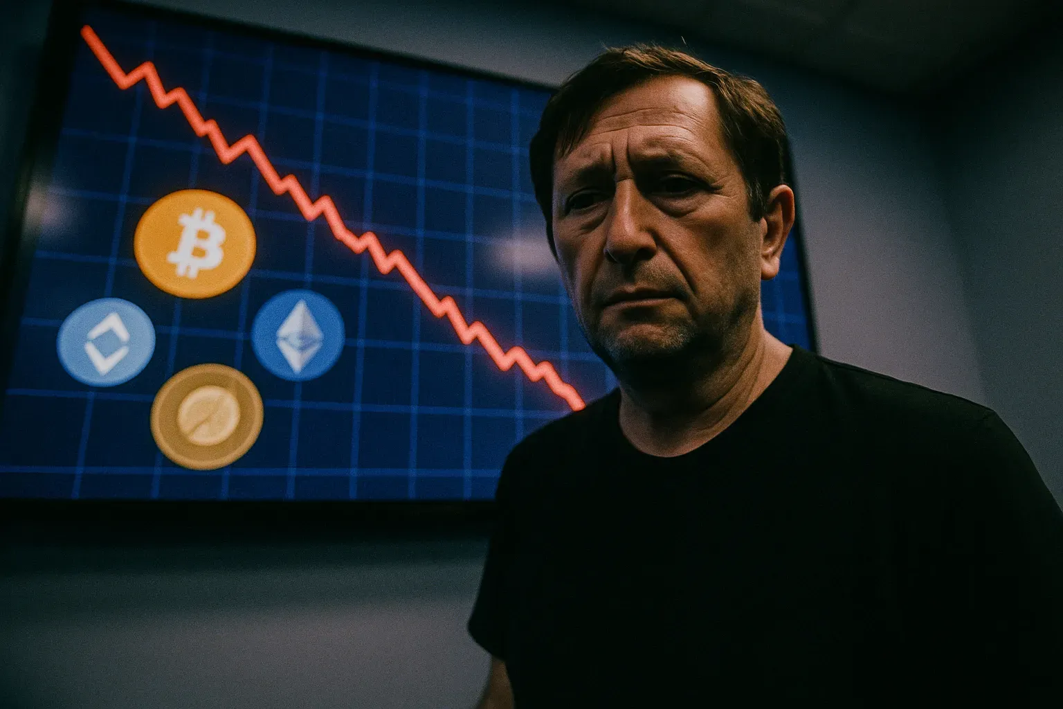 En figur, der ligner Alex Mashinsky, står foran en digital skærm, der viser et kraftigt fald i kryptovalutaværdier, hvilket symboliserer kollapset af Celsius Network og den økonomiske uro, som netværkets brugere står over for.