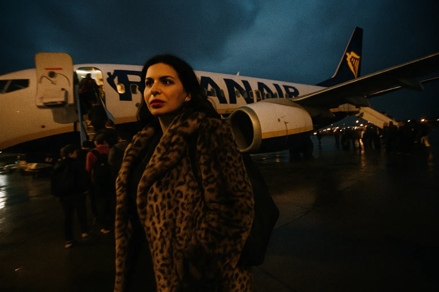 En figur, der ligner Ruja Ignatova, iført en luksuriøs frakke, går ombord på et Ryanair-fly i Sofia Lufthavn blandt en travl aftenmængde, der fanger øjeblikket af hendes flugt før hendes forsvinden i 2017.