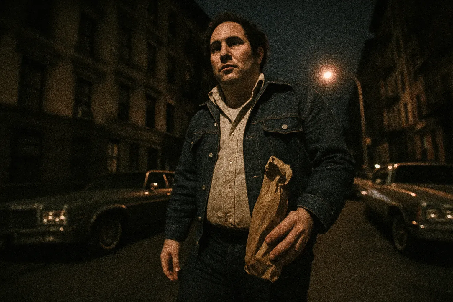 En skikkelse, der ligner David Berkowitz, står på en gade i New York, en .44 kaliber revolver i en brun papirpose klemt ved hans side, 1970'er biler står langs kantstenen.