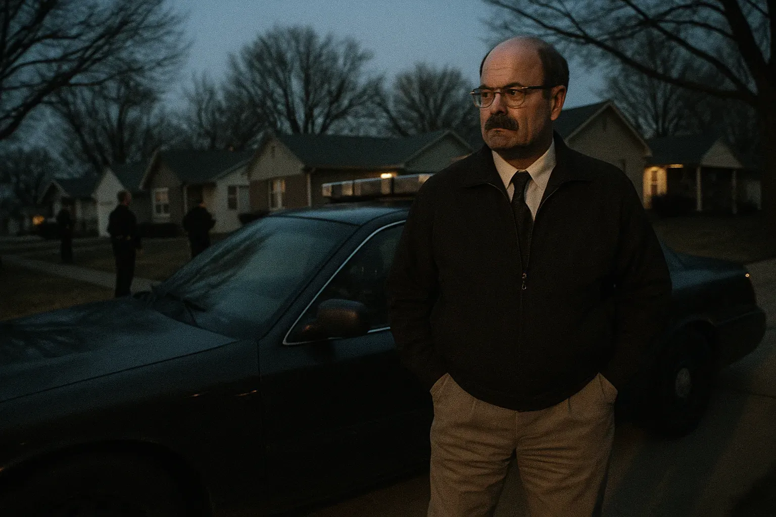 En person, der ligner Dennis Rader, står i et forstadskvarter i Wichita ved siden af en uidentificeret politibil, mens betjente diskret observerer nærliggende hjem.