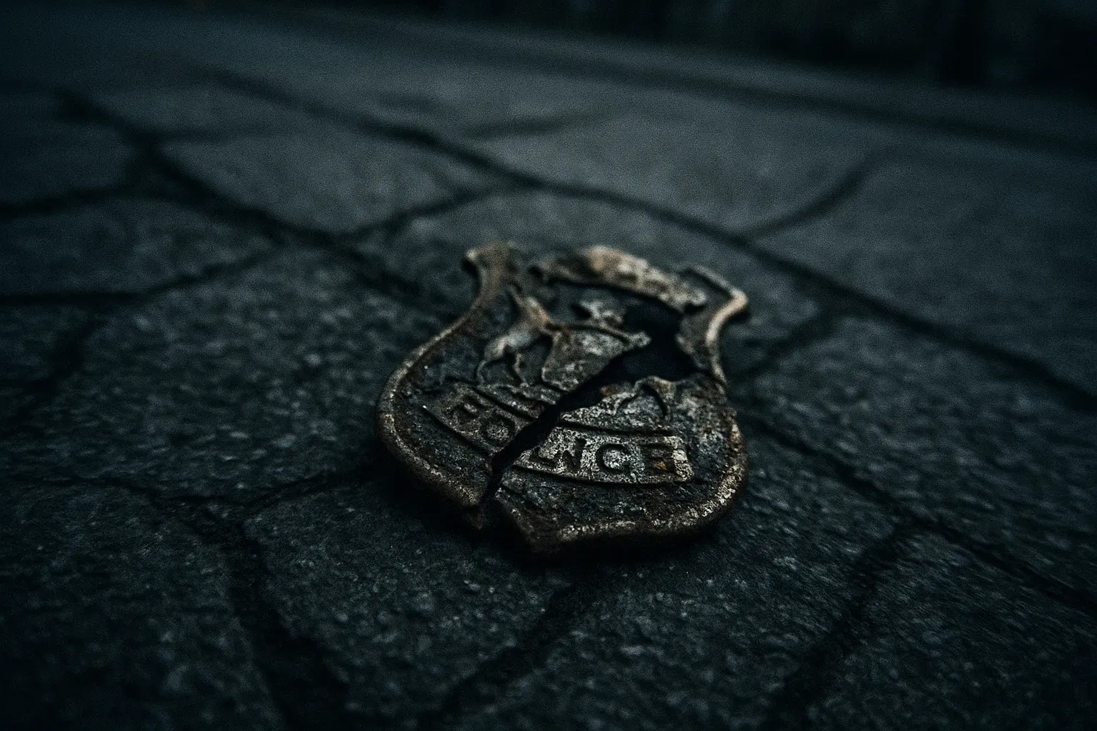 En knækket, rusten politiskilt fra Detroit Politi ligger kasseret på et krakeleret fortov og symboliserer årtier med korruption og skandaler inden for afdelingen.