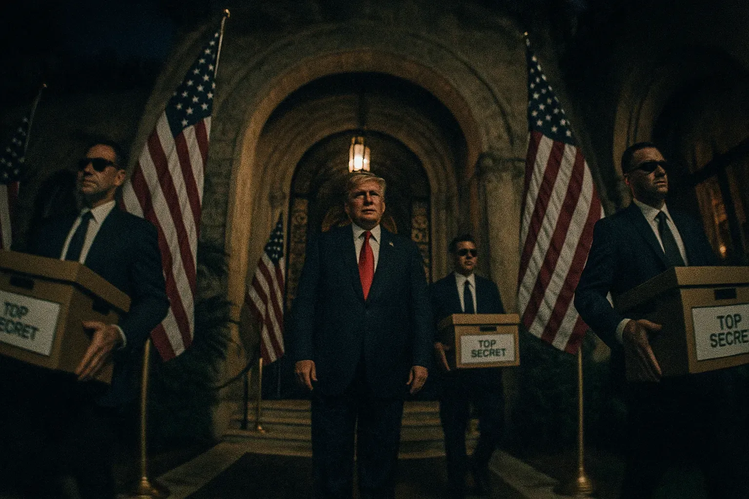 En figur, der ligner Donald Trump, står ved indgangen til Mar-a-Lago, flankeret af amerikanske flag, mens FBI-agenter i jakkesæt og solbriller bærer kasser mærket 'top-hemmelige dokumenter.'