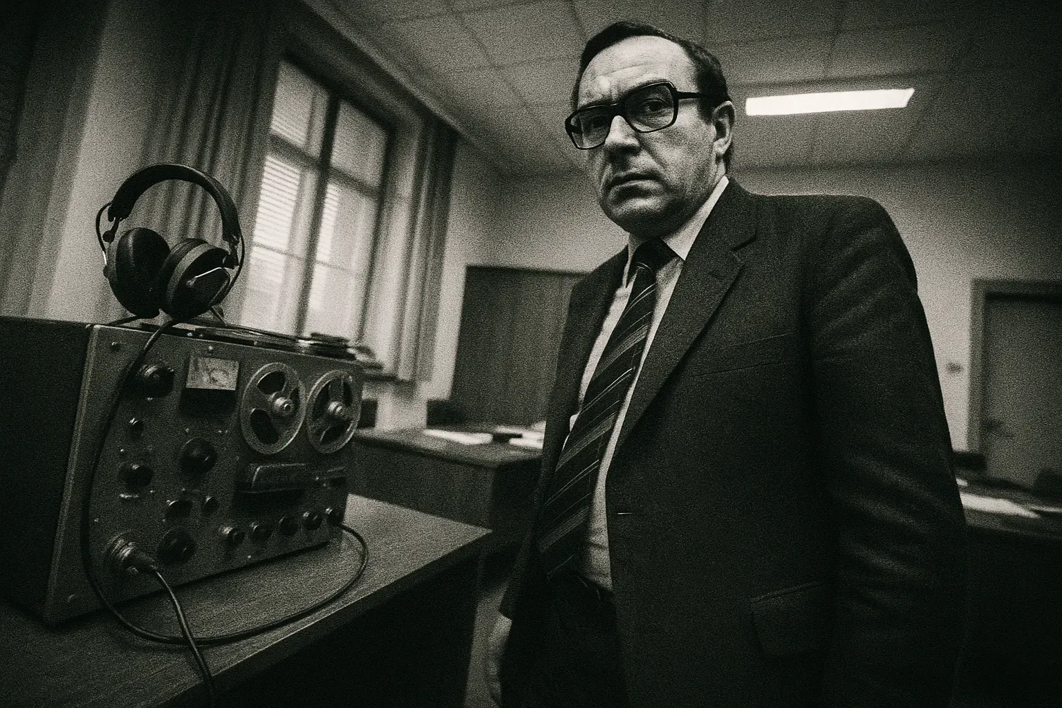 En skikkelse, der ligner Günter Guillaume, står nær en aflytningsenhed i et kontor, der minder om en regeringsbygning, hvilket afspejler hans hemmelige rolle som Stasi-spion.