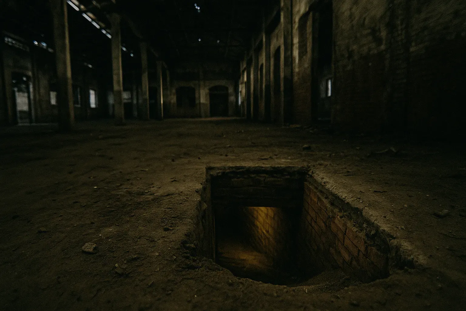 En forladt fabrik i Fortaleza med en skjult indgang til en 80 meter tunnel, der blev brugt i 2005 Banco Central-kuppet, med jord spredt og svagt lys, der oplyser den underjordiske passage.