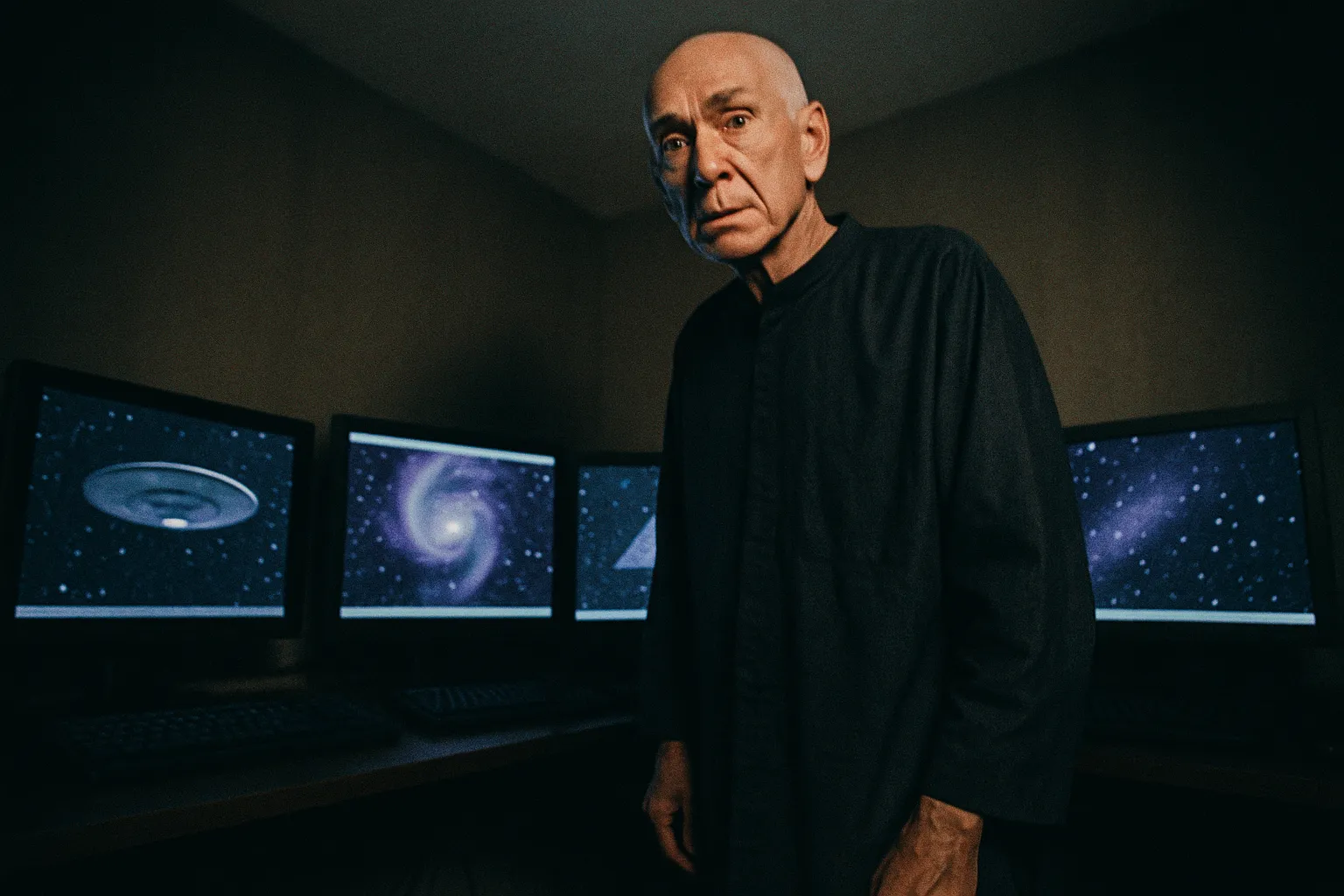 A figure resembling Marshall Applewhite stands in a dimly lit room, surrounded by computers displaying Heaven's Gate's digital legacy files, a symbol of his enduring influence over the cult's online presence.