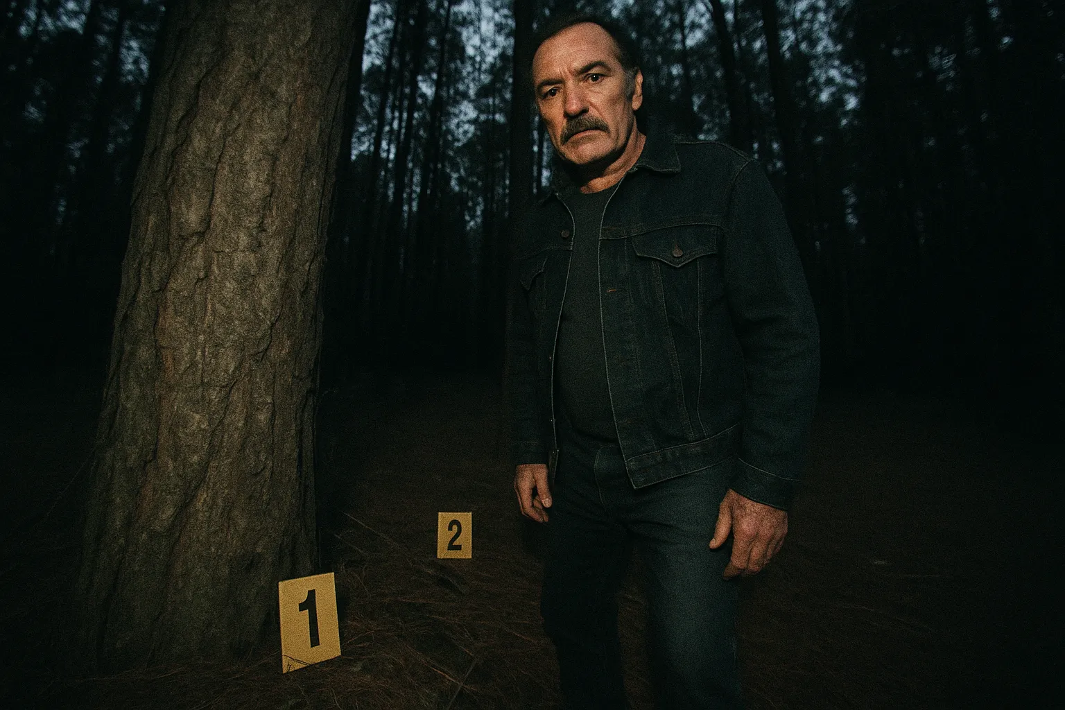 En figur, der ligner Ivan Milat, står ved siden af et træ med politiets retsmedicinske markører i Belanglo State Forest, et sted berygtet for rygsækmordene, der chokerede Australien.