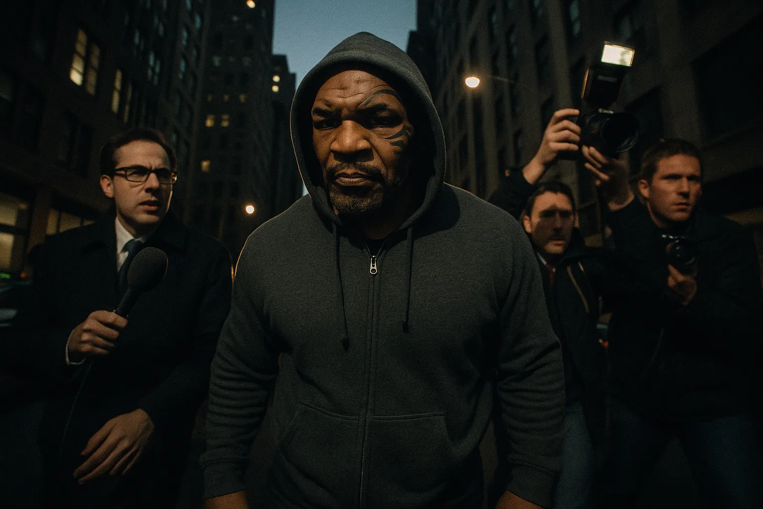 A figure resembling Mike Tyson walks through a New York street, wearing a dark hoodie, flanked by reporters and photographers, cameras in hand, capturing the charged atmosphere around him amidst the new accusations in 2023.