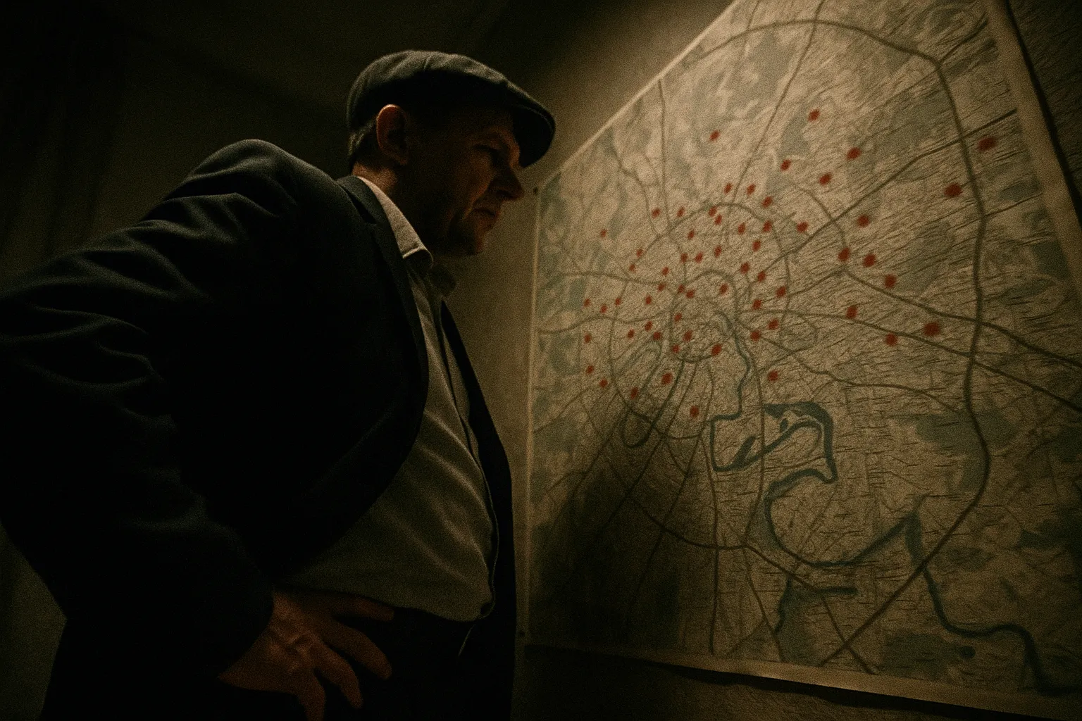 A figure resembling Mikhas stands in a dimly lit room, reviewing a map of Moscow pinned on the wall, dotted with red marks symbolizing mafia territories and operations.