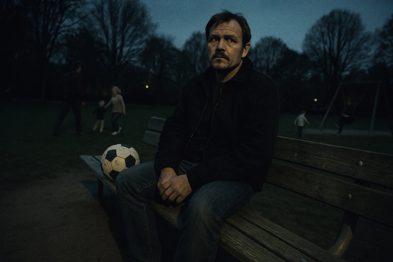 En person, der ligner Marcel Lychau Hansen, sidder på en bænk i en park, med en fodbold ved siden af sig, mens familier leger i det fjerne, hvilket antyder hans dobbelte liv som familiefar og serieforbryder.