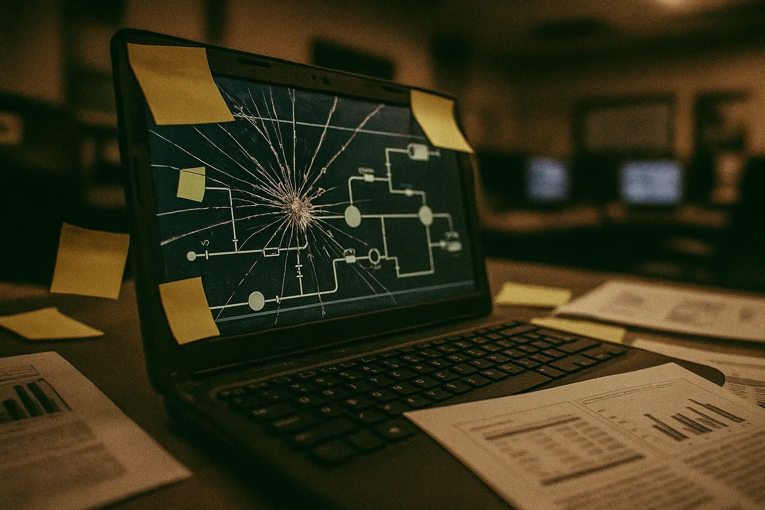 En bærbar computer med en knust skærm viser en Colonial Pipeline kontrolsystemgrænseflade, omgivet af post-it-noter og rapporter, der symboliserer ransomware-angrebet og den efterfølgende kaos i hjertet af Amerikas energiforsyningskæde.