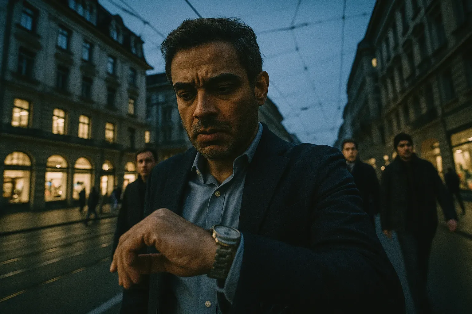 En skikkelse, der ligner Iqbal Khan, står på en travl gade i Zürich og kigger på sit ur med et varsomt udtryk, mens anonyme skikkelser i baggrunden tilsyneladende følger ham diskret.