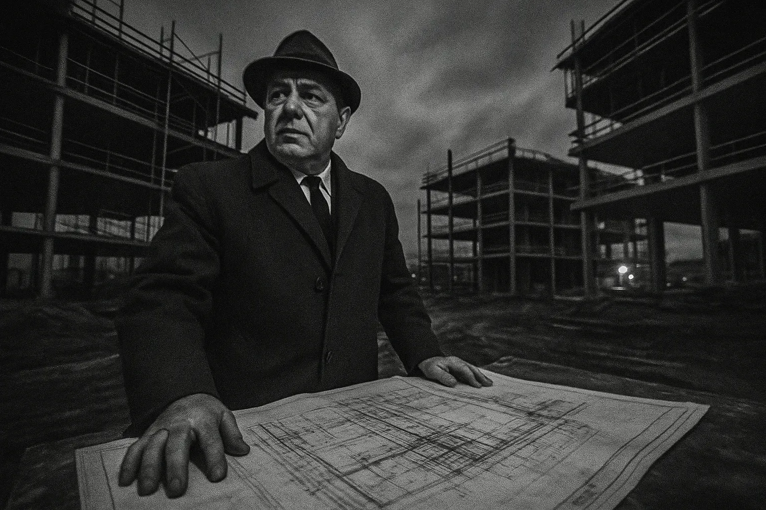 En figur, der ligner Simone “Sam the Plumber” DeCavalcante, står på en byggeplads, omgivet af tegninger og halvfærdige strukturer, der symboliserer hans kontrol over New Jerseys byggebranche i 1960'erne.