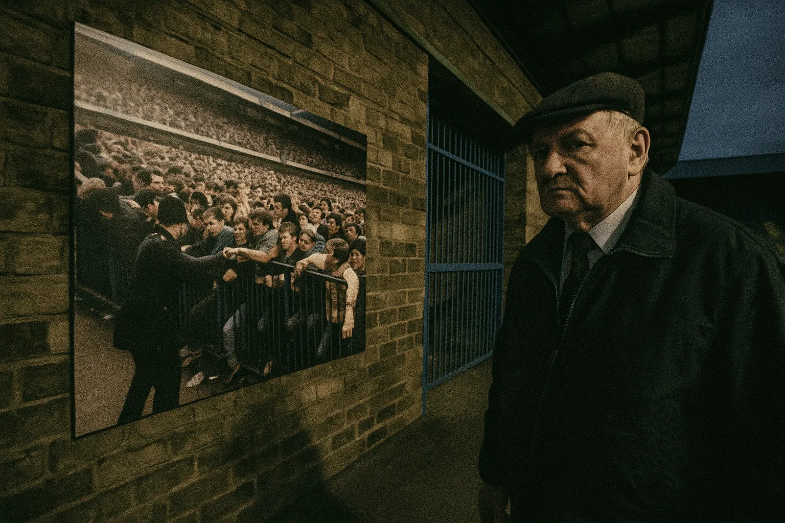 En skikkelse, der ligner David Duckenfield, står nær et arkivfoto ved Leppings Lane-indgangen til Hillsborough Stadium og vækker minder om folkemængdens trængsel den 15. april 1989.