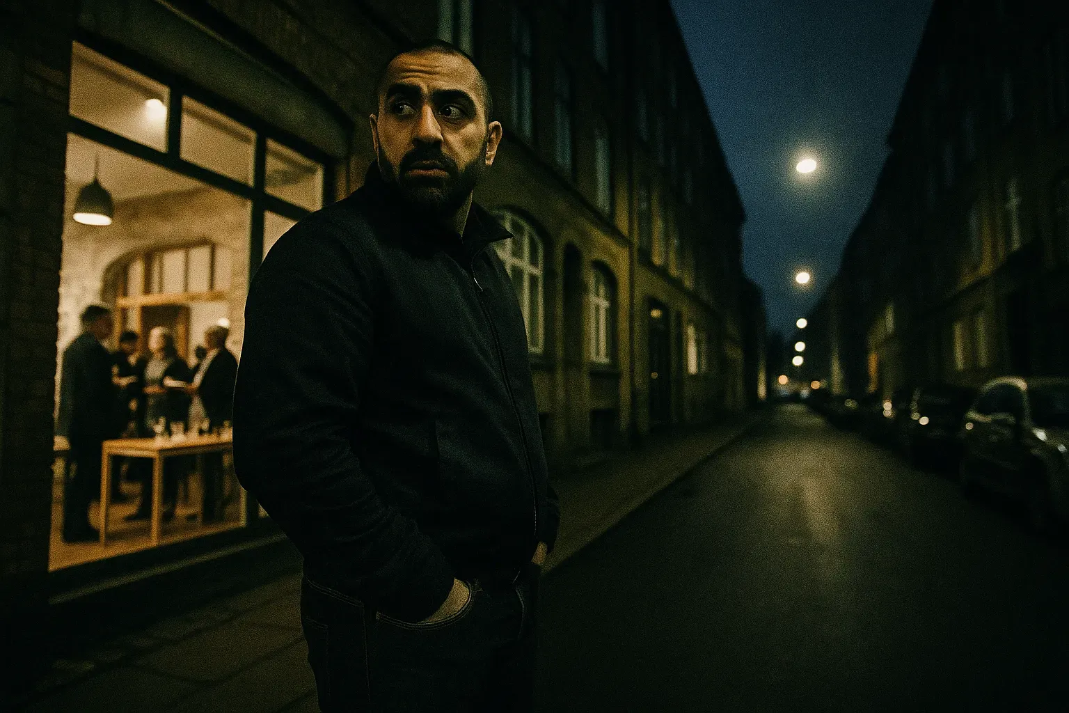 En skikkelse, der ligner Nedim Yasar, står uden for et bogreceptionsted, med hænderne i lommerne, og kigger forsigtigt over skulderen på en svagt oplyst gade i Danmark, hvor hans historie om at forlade bandelivet udfoldede sig.
