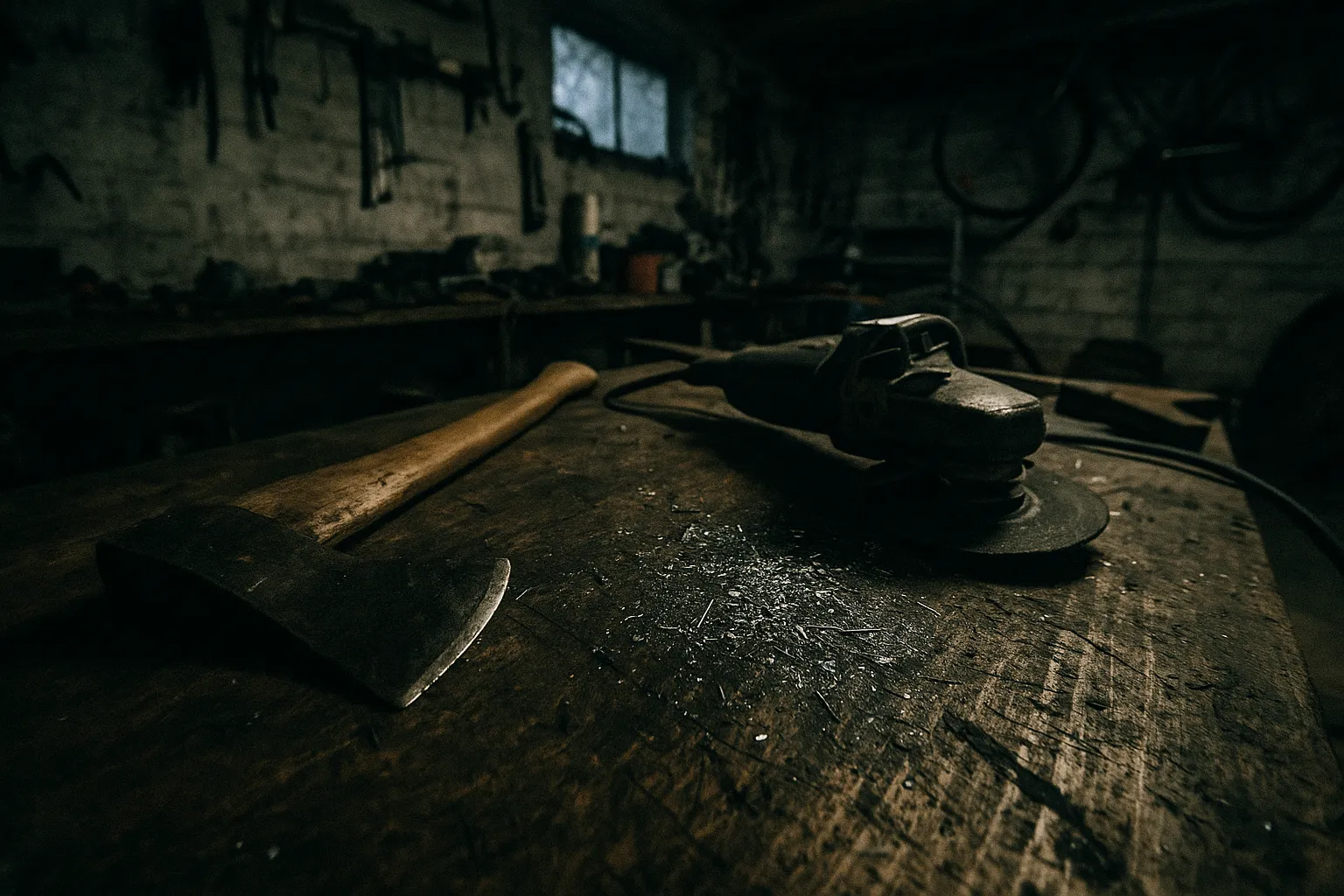 En arbejdsbænk i en rodet garage på Nørregårdsvej, dækket med en økse, en vinkelsliber, og spredte metalspåner, bevis for parteringsaktivitet forbundet med Peter Lundins berygtede sag.