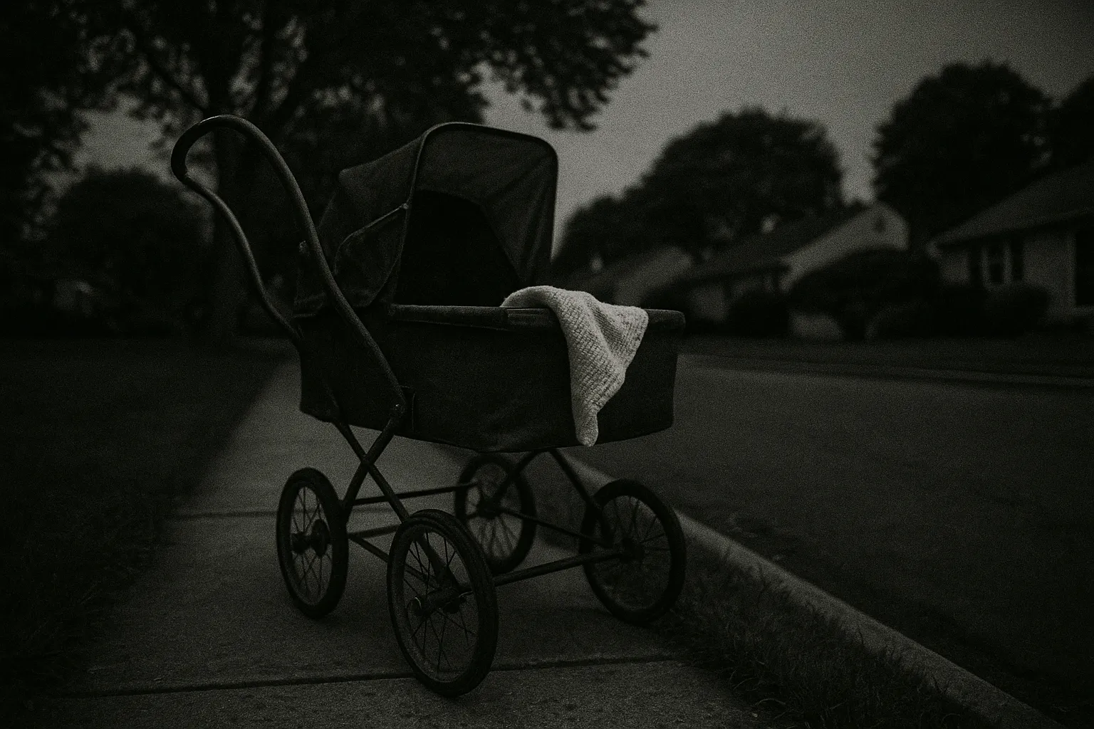 En slidt barnevogn står tom på et fortov i forstæderne på Long Island, et lille tæppe glider over kanten, hvilket symboliserer den hjemsøgte forsvinden af spædbarnet Peter Weinberger.