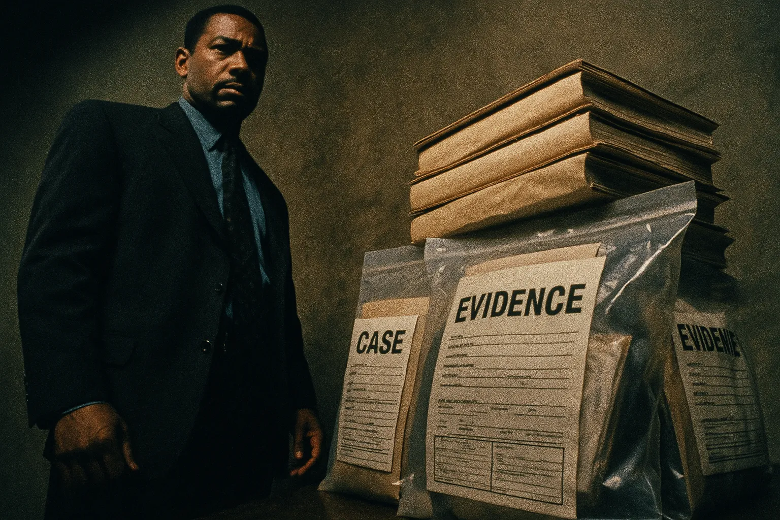 A figure resembling Rafael Pérez stands beside a stack of case files and evidence bags marked 'LAPD CRASH', symbolizing the exposure of the Rampart scandal and police corruption within the Los Angeles police force.