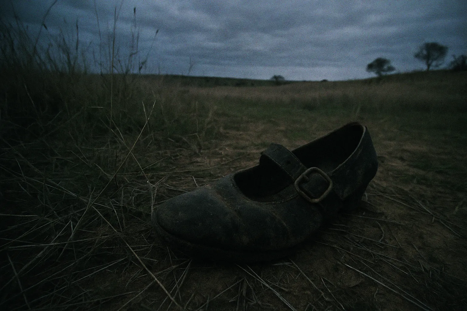 A remote South Australian field, remnants of a single shoe partially buried and weathered, alluding to the tragic fate of Veronica Knight, a victim of Worrell and Miller in the Truro Murders.