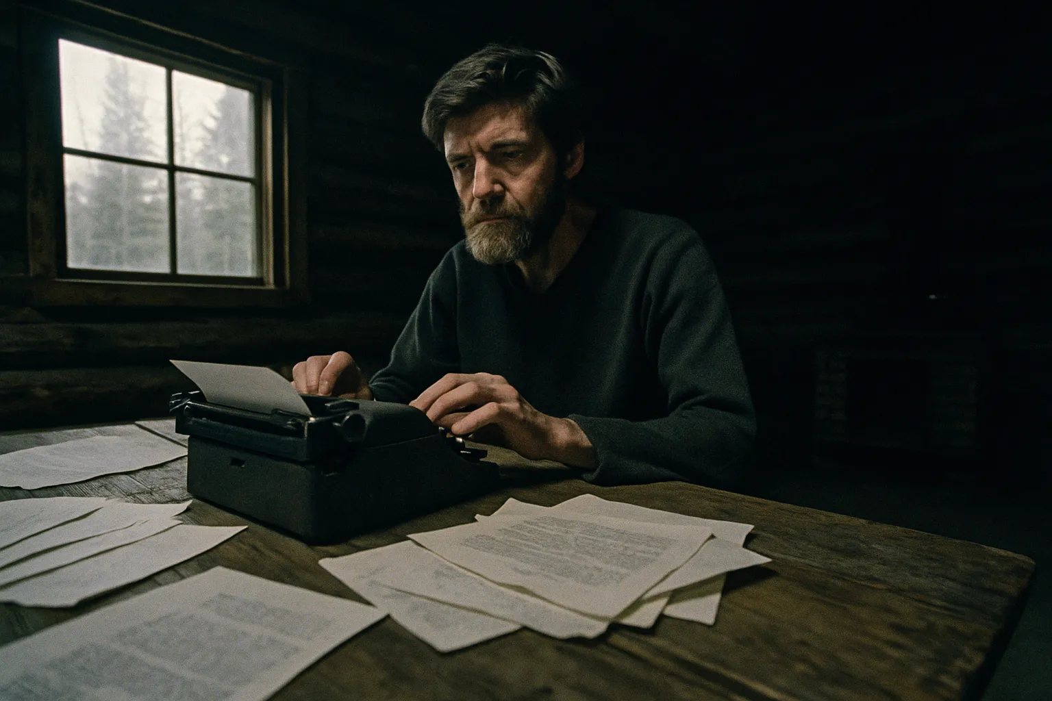 En person, der ligner Ted Kaczynski, sidder ved et rustikt træbord inde i en afsidesliggende hytte i Montana, omgivet af spredte papirer og en skrivemaskine, hvilket fanger ensomheden i hans isolerede livsstil.
