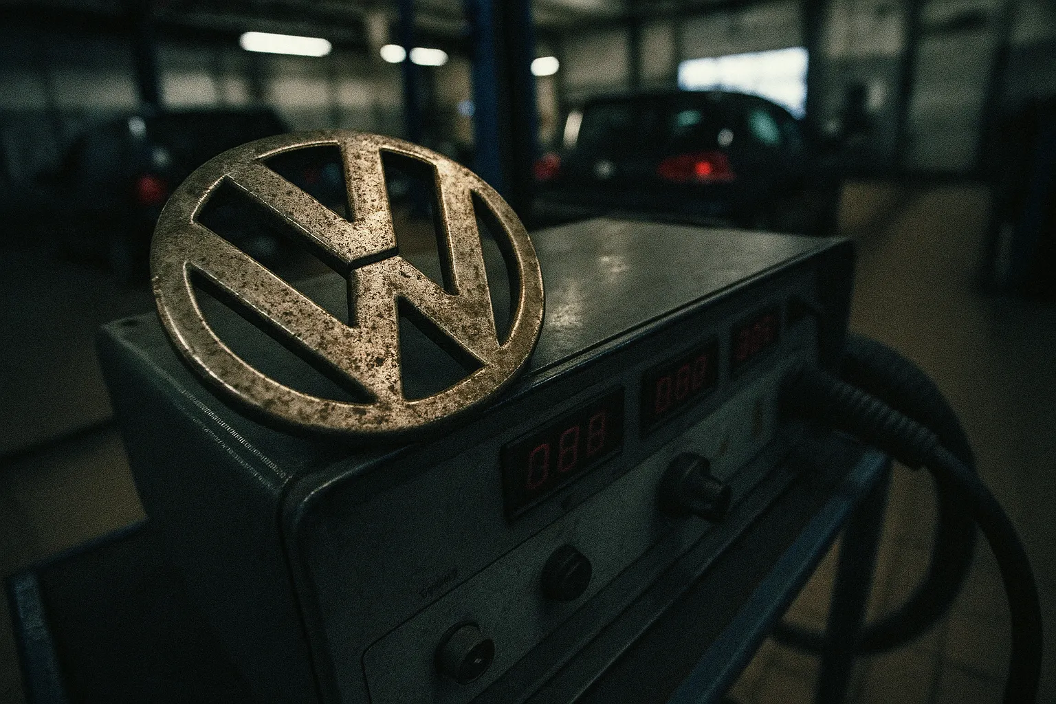 Et anløbent Volkswagen-logo sidder på en forureningsudlednings-testenhed på en biltestfacilitet, hvilket symboliserer Dieselgate-skandalens påvirkning på industrien og miljøet.