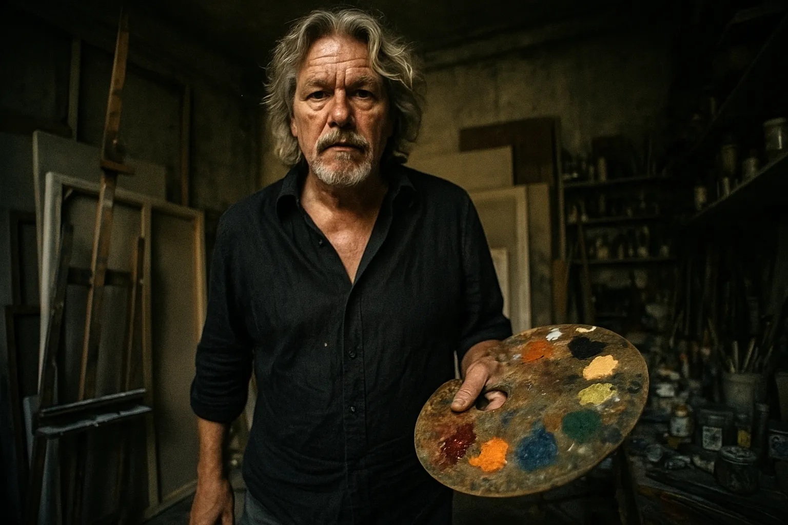 En skikkelse, der ligner Wolfgang Beltracchi, står inde i et rodet værksted, omgivet af kunstforsyninger og lærreder, med en palet af historiske pigmenter i hånden.