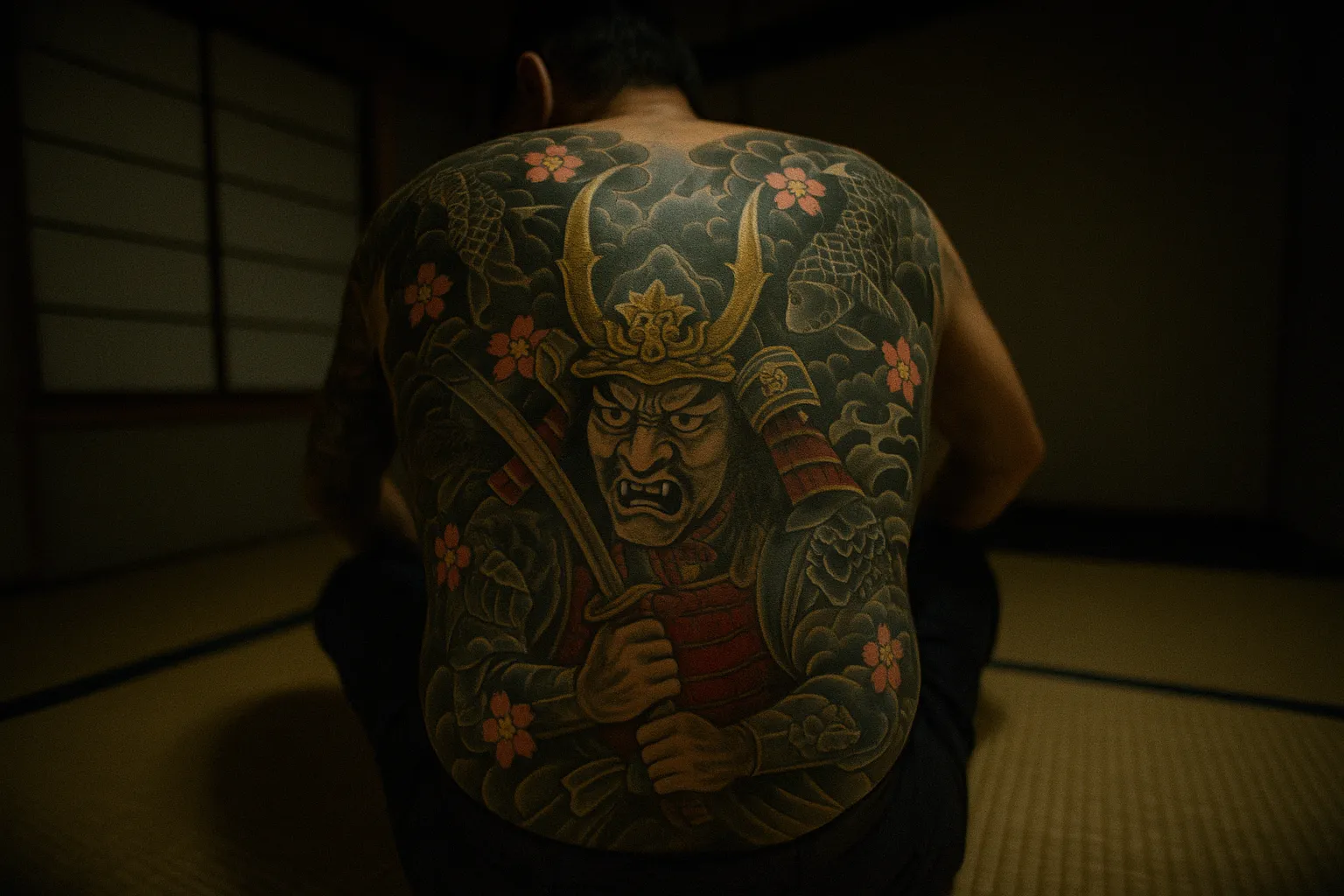 A traditional yakuza tattoo inked on the back of a figure sitting on a tatami mat, a symbolic centerpiece of the Yamaguchi-gumi's storied past and influence in Japan