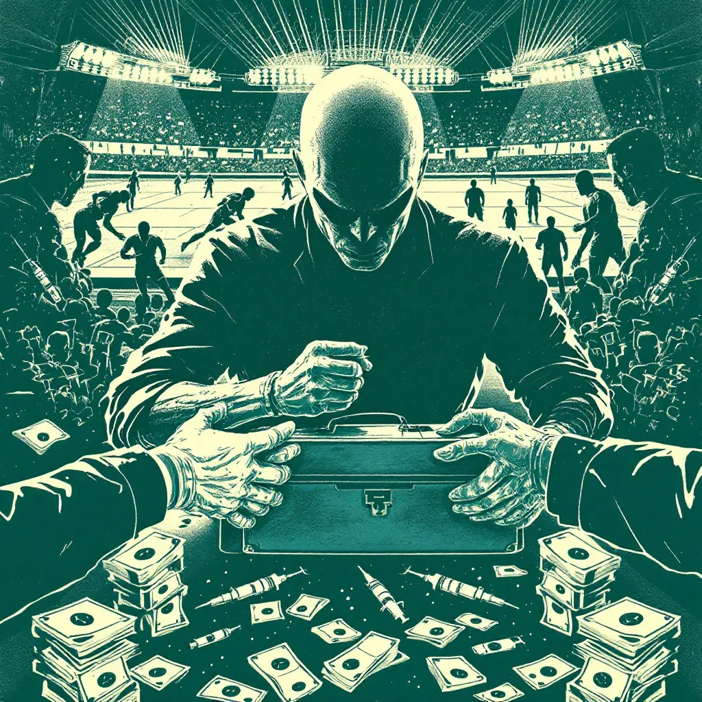 Scene depicting a shadowy figure behind sports scenes, including athletes in competition and a briefcase exchanging hands, surrounded by symbols of crime like syringes and wads of cash.