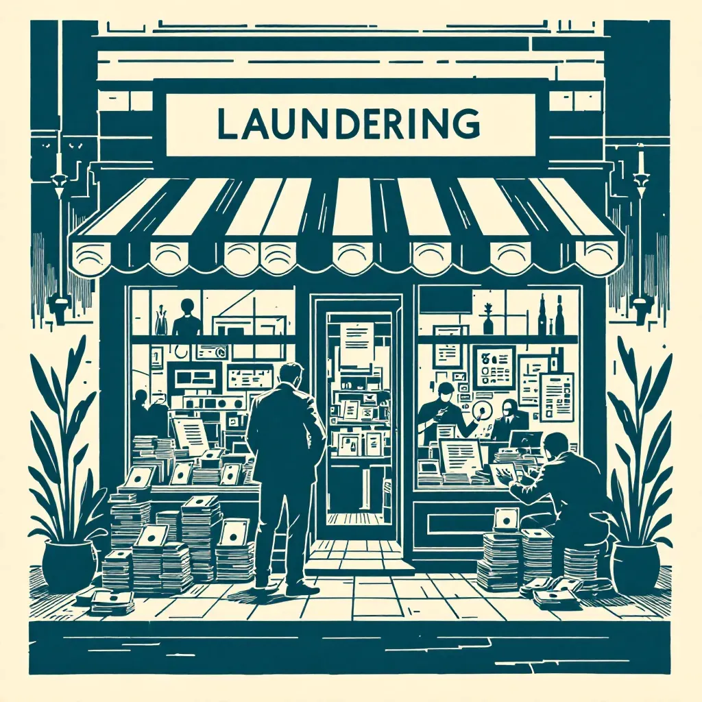 A business storefront serves as a facade for money laundering, with stacks of cash, hidden ledgers, and false documents, while behind it, figures engage in secretive exchanges and suspicious activities.