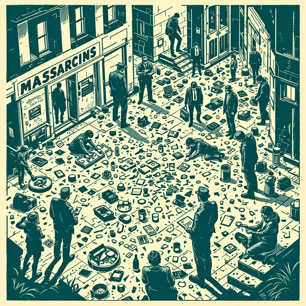 A chaotic crime scene with shattered glass, scattered personal belongings, law enforcement officers investigating; symbolic evidence markers, focused detectives analyzing clues, illustrating the brutality, scope, and investigations following a massacre.