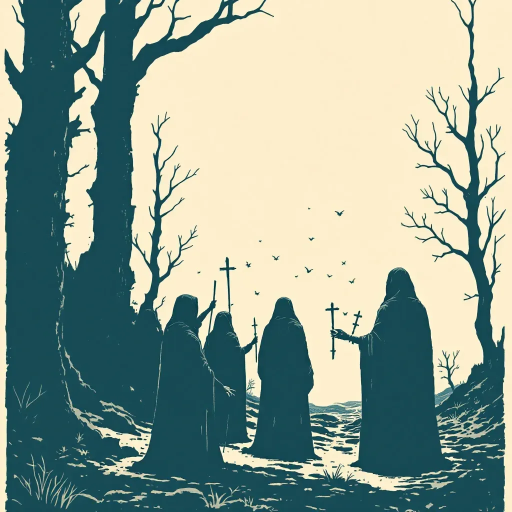 An ominous scene with a group of individuals in a secluded location, displaying symbols of devotion to an enigmatic leader, suggesting psychological manipulation and collective tragedy.