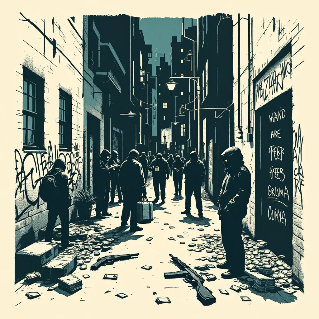 A cityscape with shadowy figures exchanging products in a back alley, surrounded by graffiti, guns, and money on the ground, symbolizing organized crime and its societal impact.
