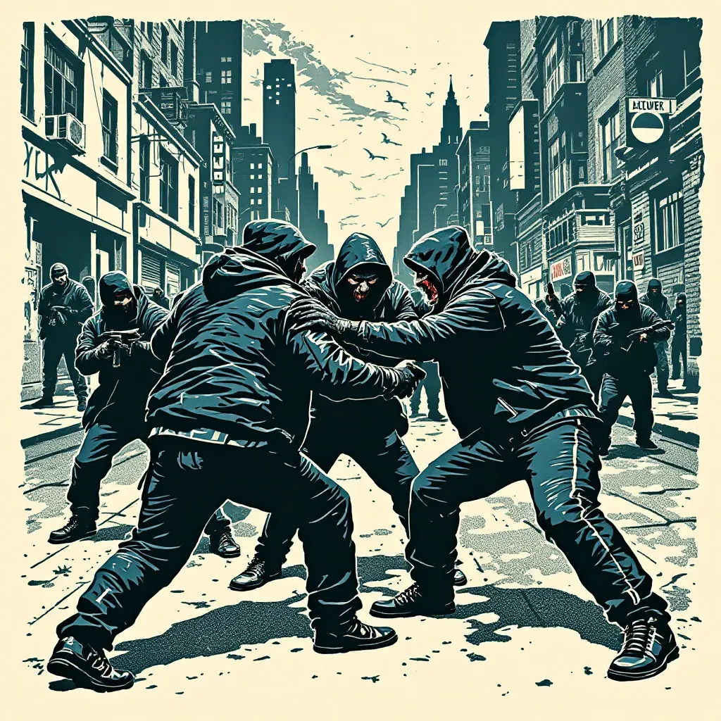 A tense urban scene depicting rival gang members engaged in a violent street confrontation, displaying strategic positioning and weapons, with a backdrop of a cityscape marked by tension and underworld symbols.