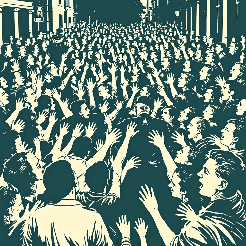 A crowd of fearful people surrounding an accused individual, symbolizing mass hysteria, with police and legal figures on the outskirts, showing chaos and threat to the rule of law.