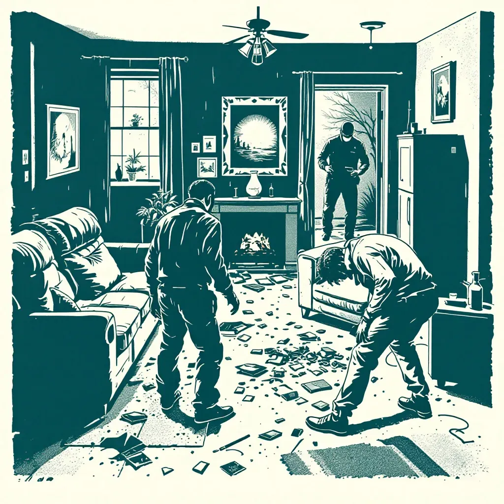 A crime scene inside a domestic setting with overturned furniture, broken glass, and signs of struggle, indicating a violent altercation; investigators examining evidence with forensic tools.