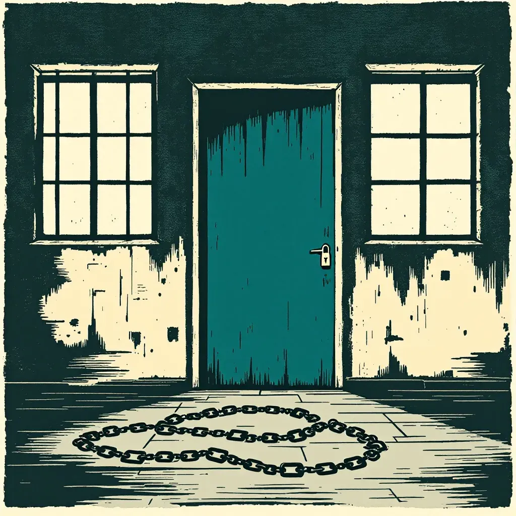 A dimly lit room with barred windows, a padlocked door, and shackles on the floor, symbolizing confinement and the deprivation of freedom, emphasizing the victim's isolation and the perpetrator's control.