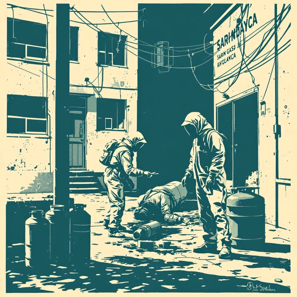 Scene of an urban area with first responders in hazmat suits examining a site, an abandoned gas canister nearby, depicting the aftermath of a sarin gas attack.